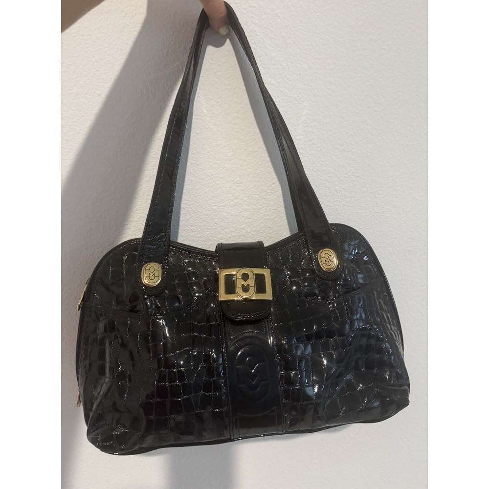 Marino Orlandi Black Patent Croc Embossed Leather Satchel Handbag Made in Italy - Picture 2 of 16